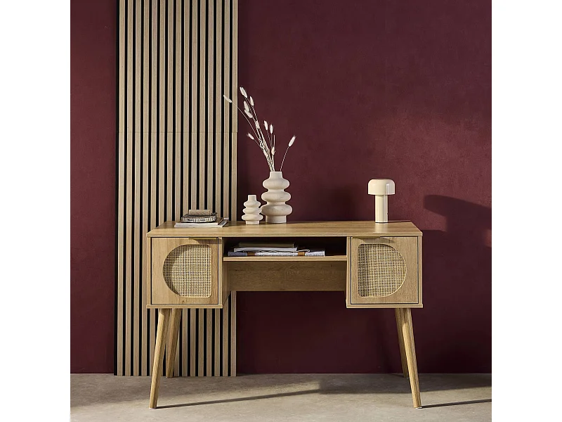 Oficina efecto madera y mimbre, 2 cajones natural