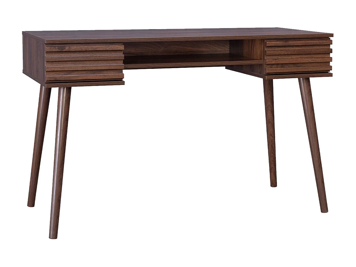 Bureau décor bois 2 tiroirs MADERE noyer. 1 casier. façade rainurées. 120 x 55 x 76.5 cm