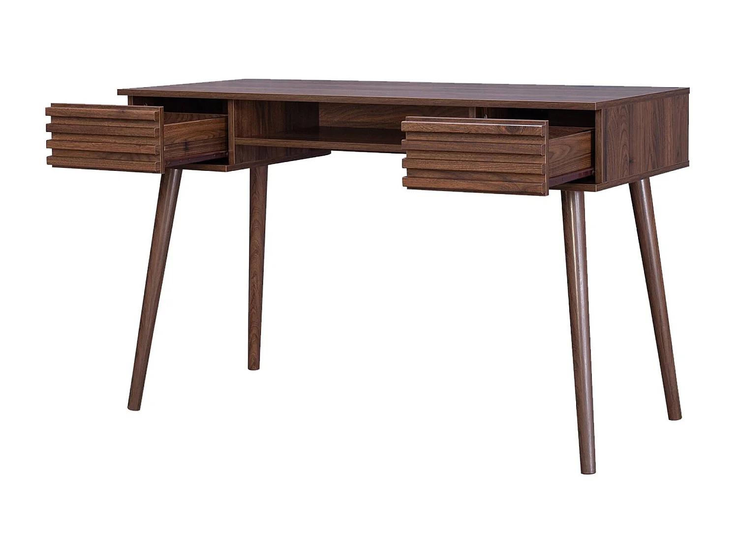 Bureau décor bois 2 tiroirs MADERE noyer. 1 casier. façade rainurées. 120 x 55 x 76.5 cm