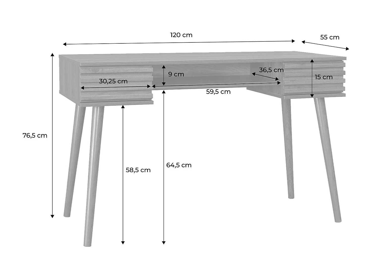 Bureau décor bois 2 tiroirs MADERE noyer. 1 casier. façade rainurées. 120 x 55 x 76.5 cm