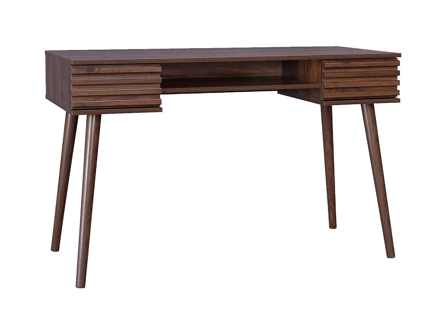 Bureau effet bois 2 tiroirs MADERE noyer. 1 casier. façade rainurées. 120 x 55 x 76.5 cm
