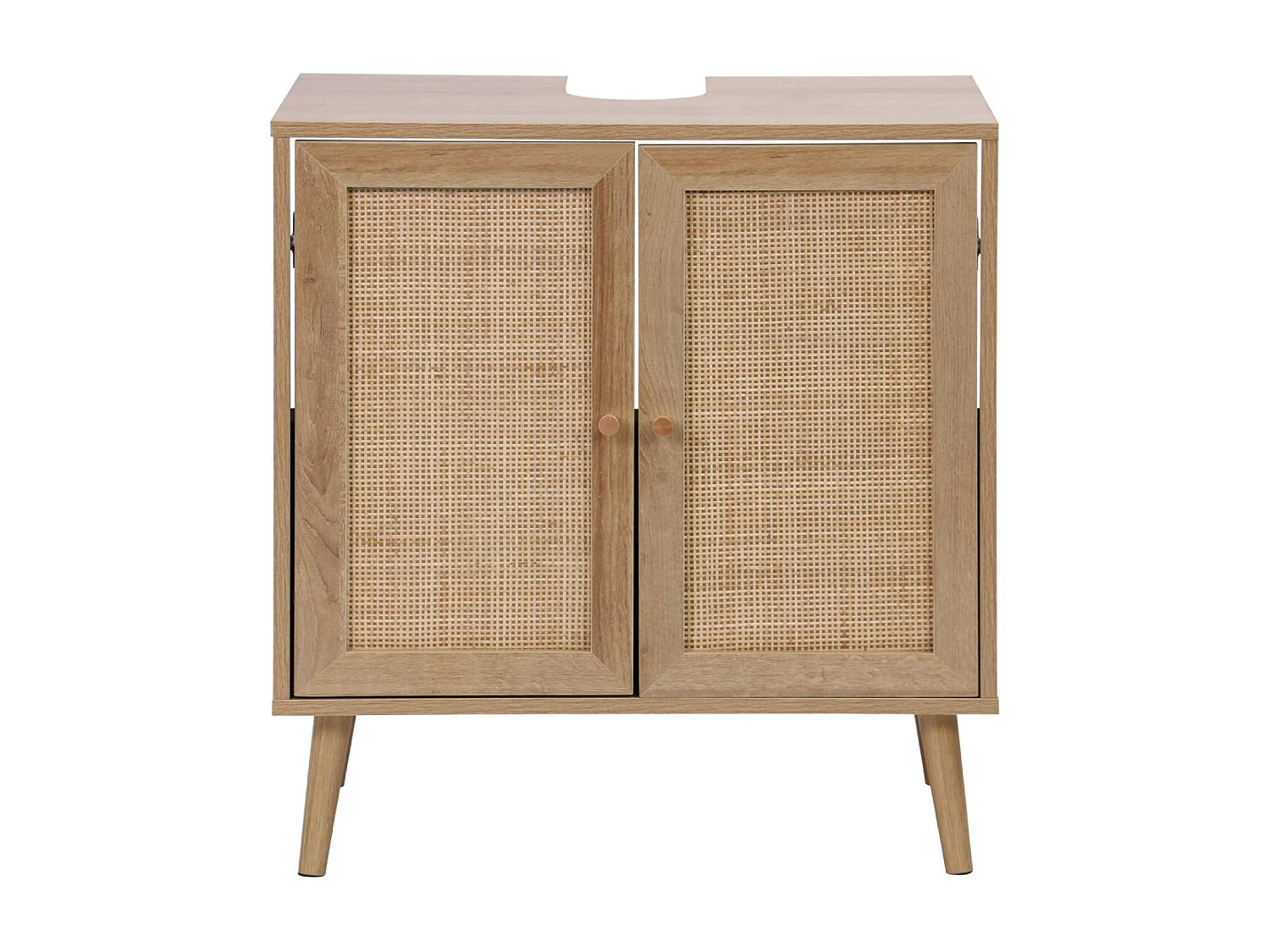 Mueble bajo lavabo decorado en madera y caña natural