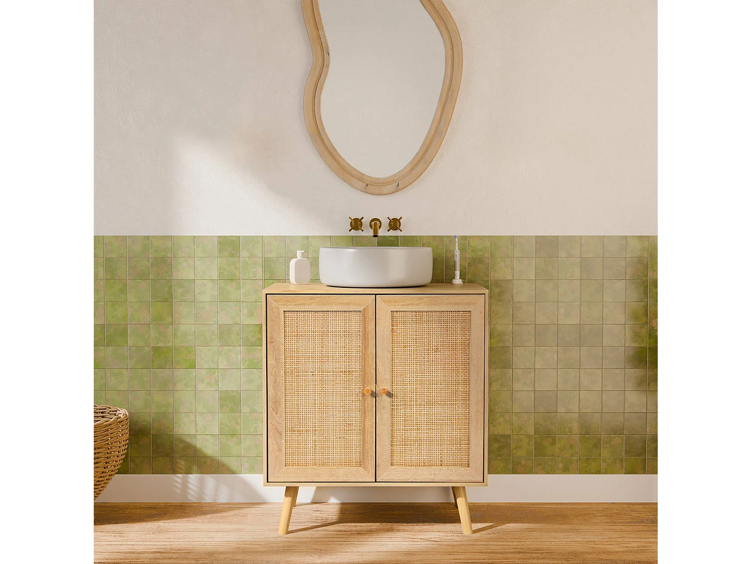 Meuble sous lavabo décor bois et cannage Bohème 65 x 40 x 70 cm naturel