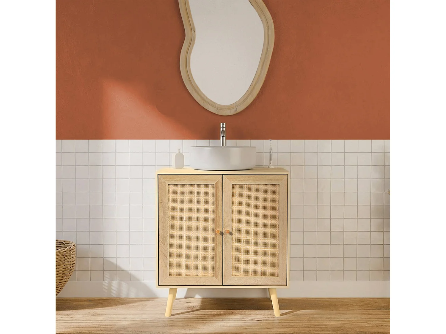 Meuble sous lavabo décor bois et cannage Bohème 65 x 40 x 70 cm naturel