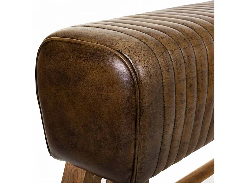 Banc en bois et cuir marron 120x35x76