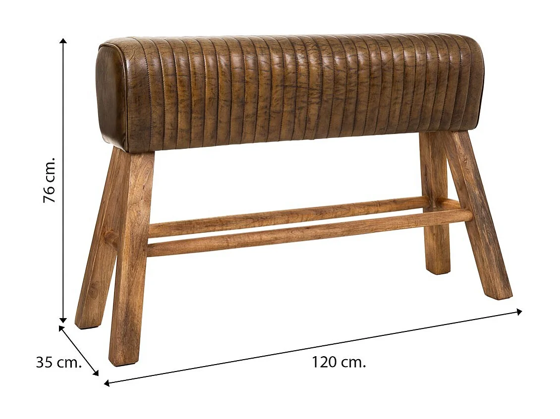Banc en bois et cuir marron 120x35x76