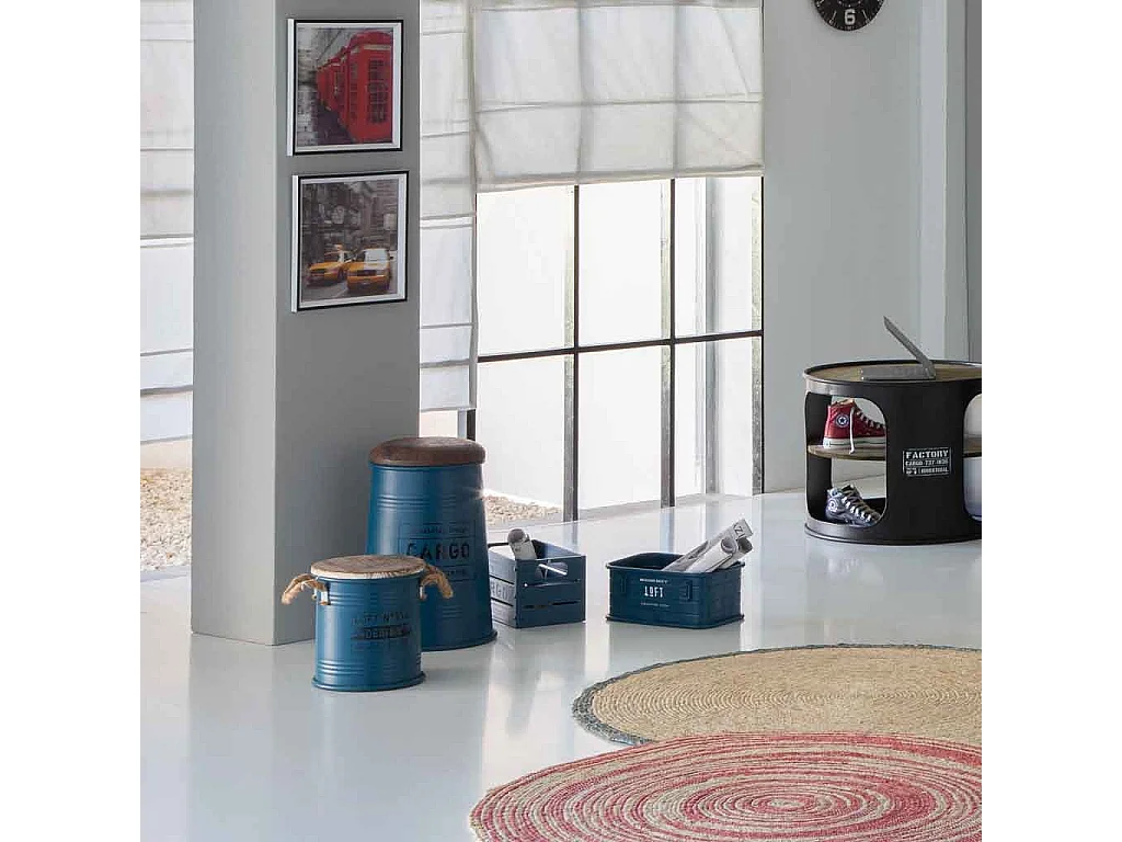 Cesto retangular de metal estampado em azul 31x18x16