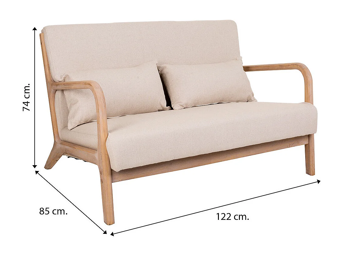 Sofá estofado de madeira creme 122x85x74