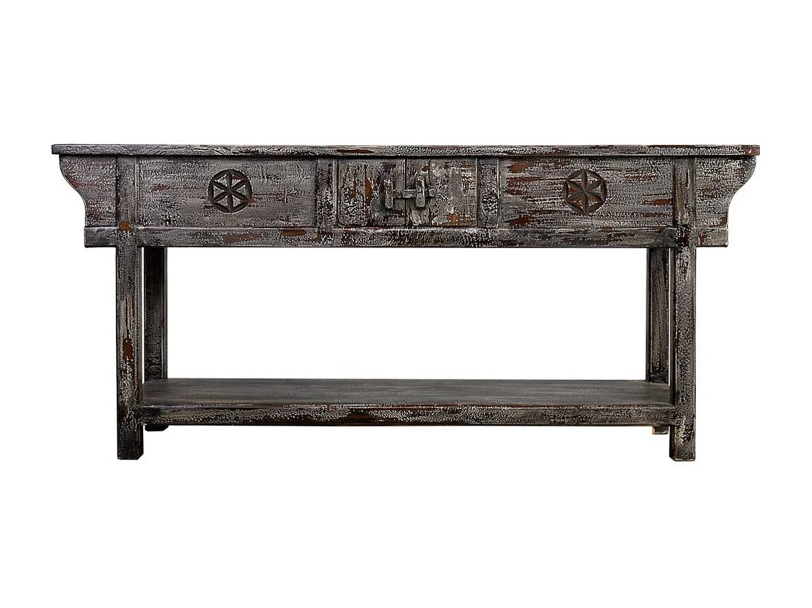 Mobile da ingresso in legno con finitura artigianale bianco invecchiato 181x45x80