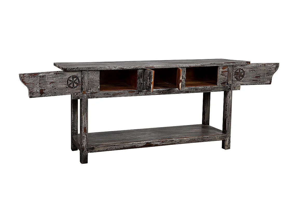 Mobile da ingresso in legno con finitura artigianale bianco invecchiato 181x45x80