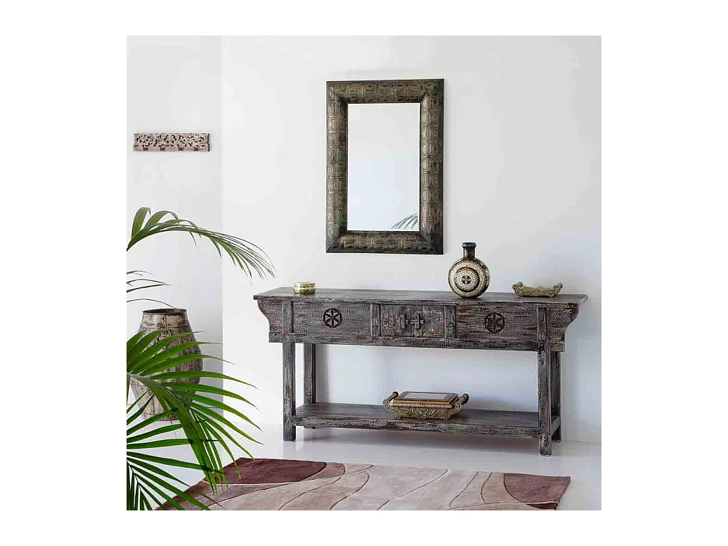 Hall en bois finition blanc vieilli artisanal 181x45x80