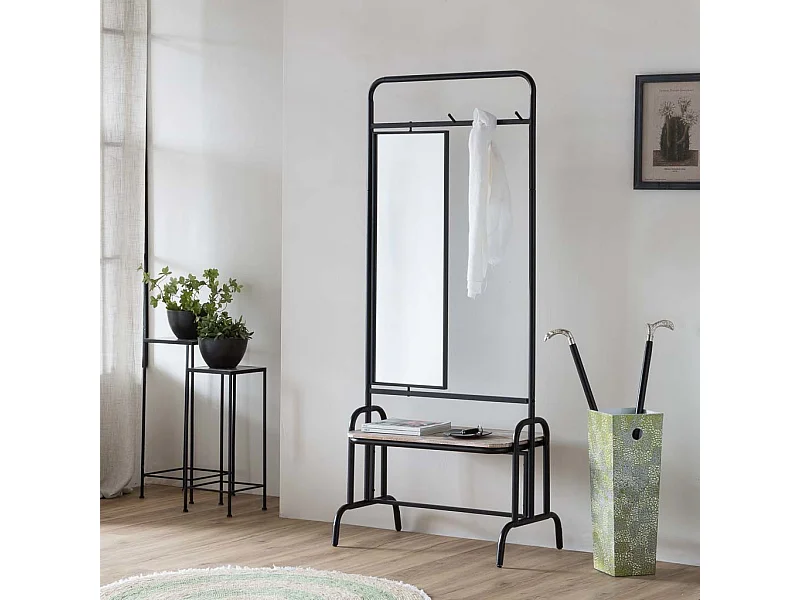 Flur mit Bank und Spiegel aus Metall und grauem Holz 77x45x181,5h cm
