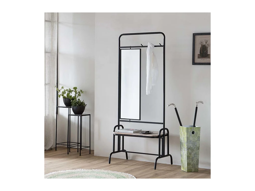 Meuble d'entrée avec banc et miroir en métal et bois gris 77x45x181,5h