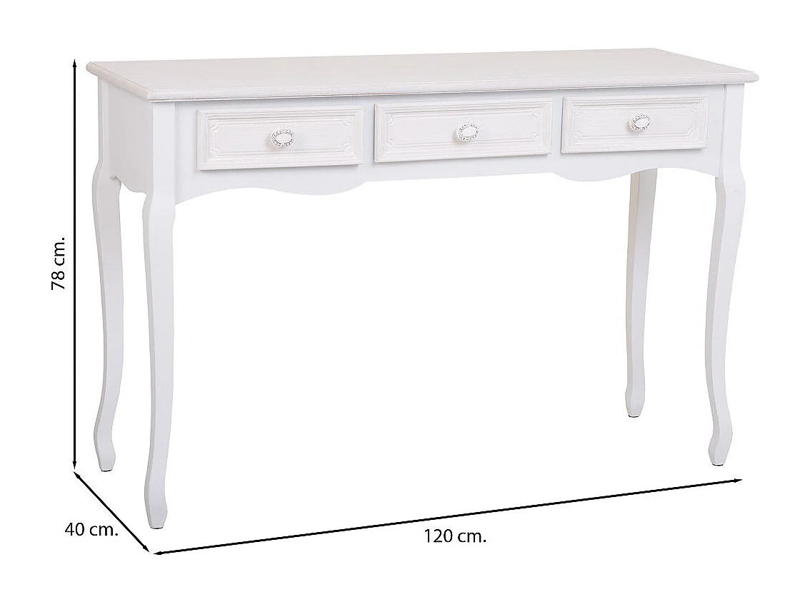 Hall em madeira com 3 gavetas brancas 120x40x78