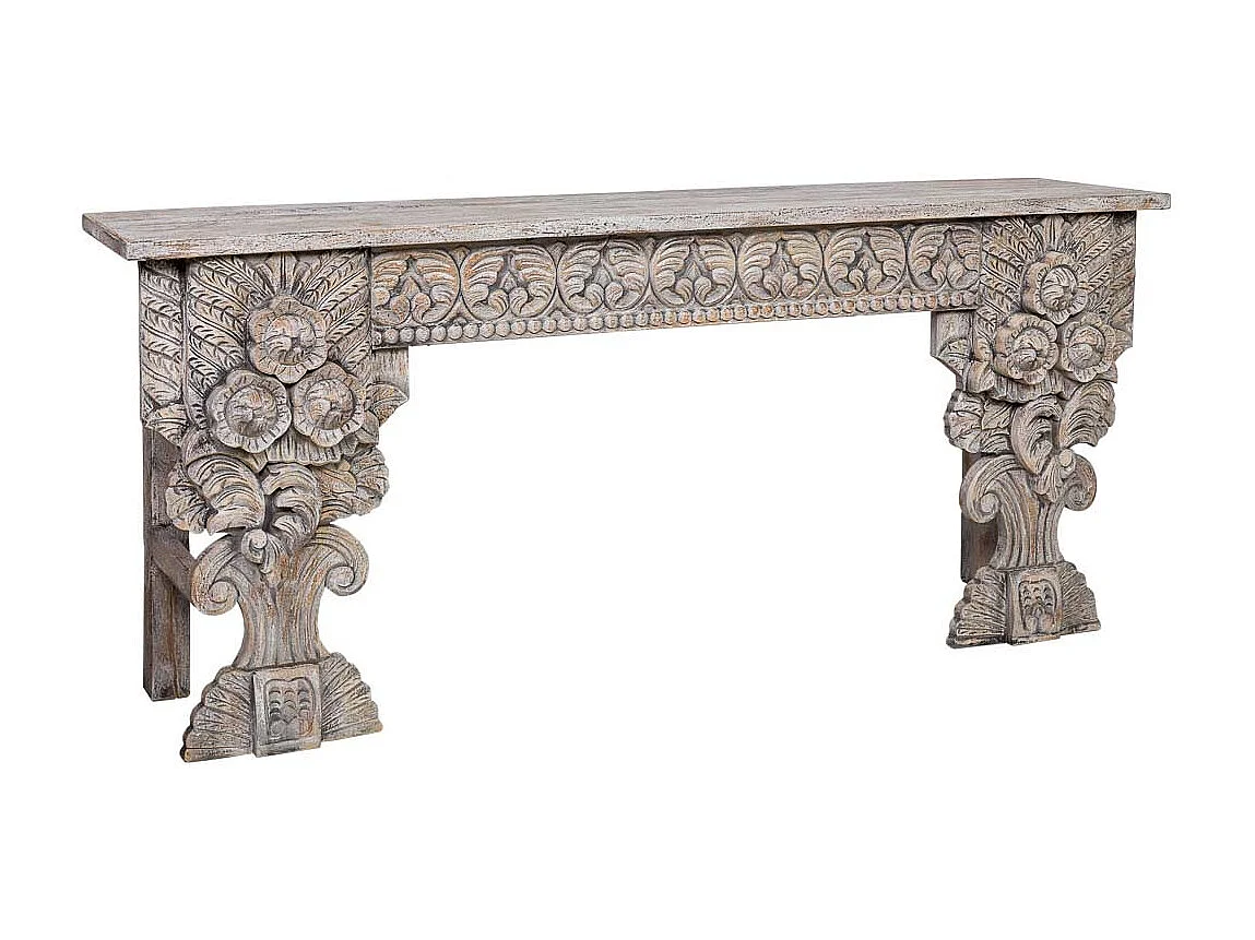 Halle aus geschnitztem Holz mit handgefertigter, gealterter brauner Oberfläche, 180 x 38 x 78 cm