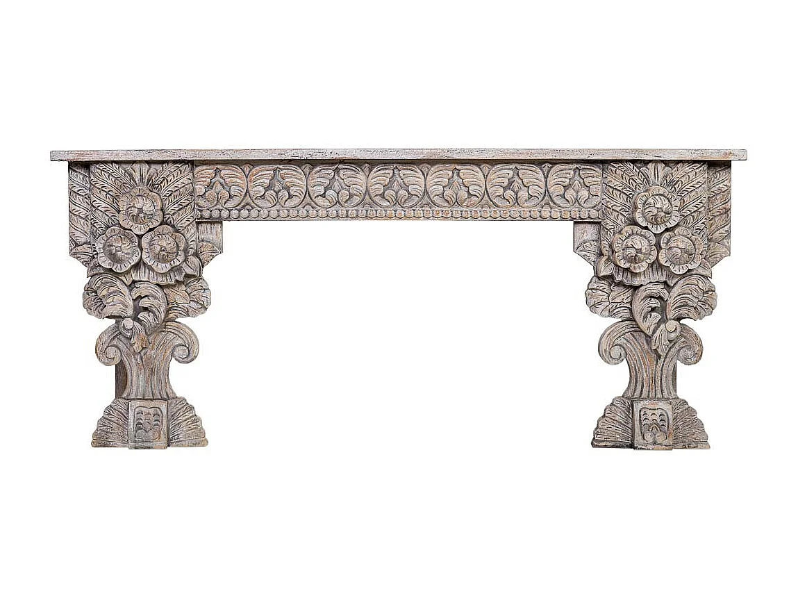 Hall en bois sculpté finition marron vieilli fait main 180x38x78