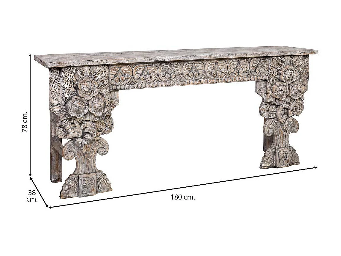 Hall en bois sculpté finition marron vieilli fait main 180x38x78