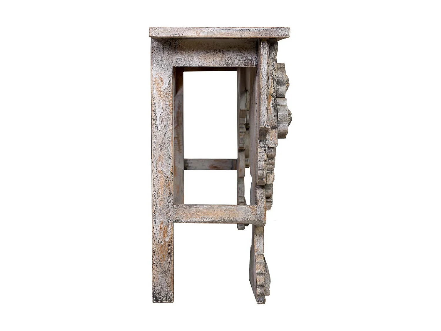 Hall en bois sculpté finition marron vieilli fait main 180x38x78