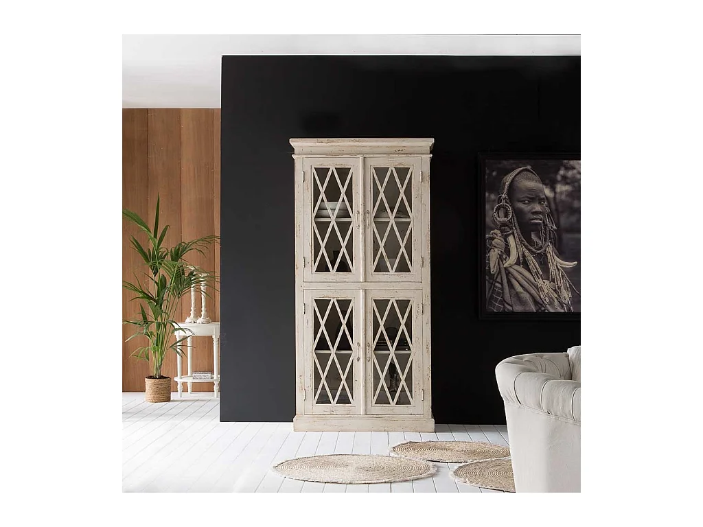 Handgefertigte Vitrine aus Holz und Glas beige 90x40x183