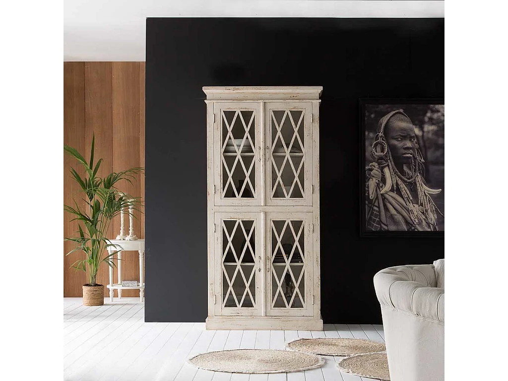 Vitrine beige faite main en bois et verre 90x40x183