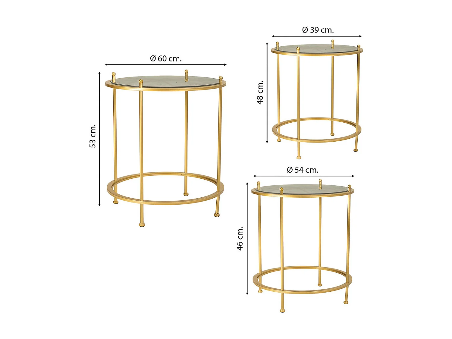 Set aus 3 goldenen Couchtischen aus Metall