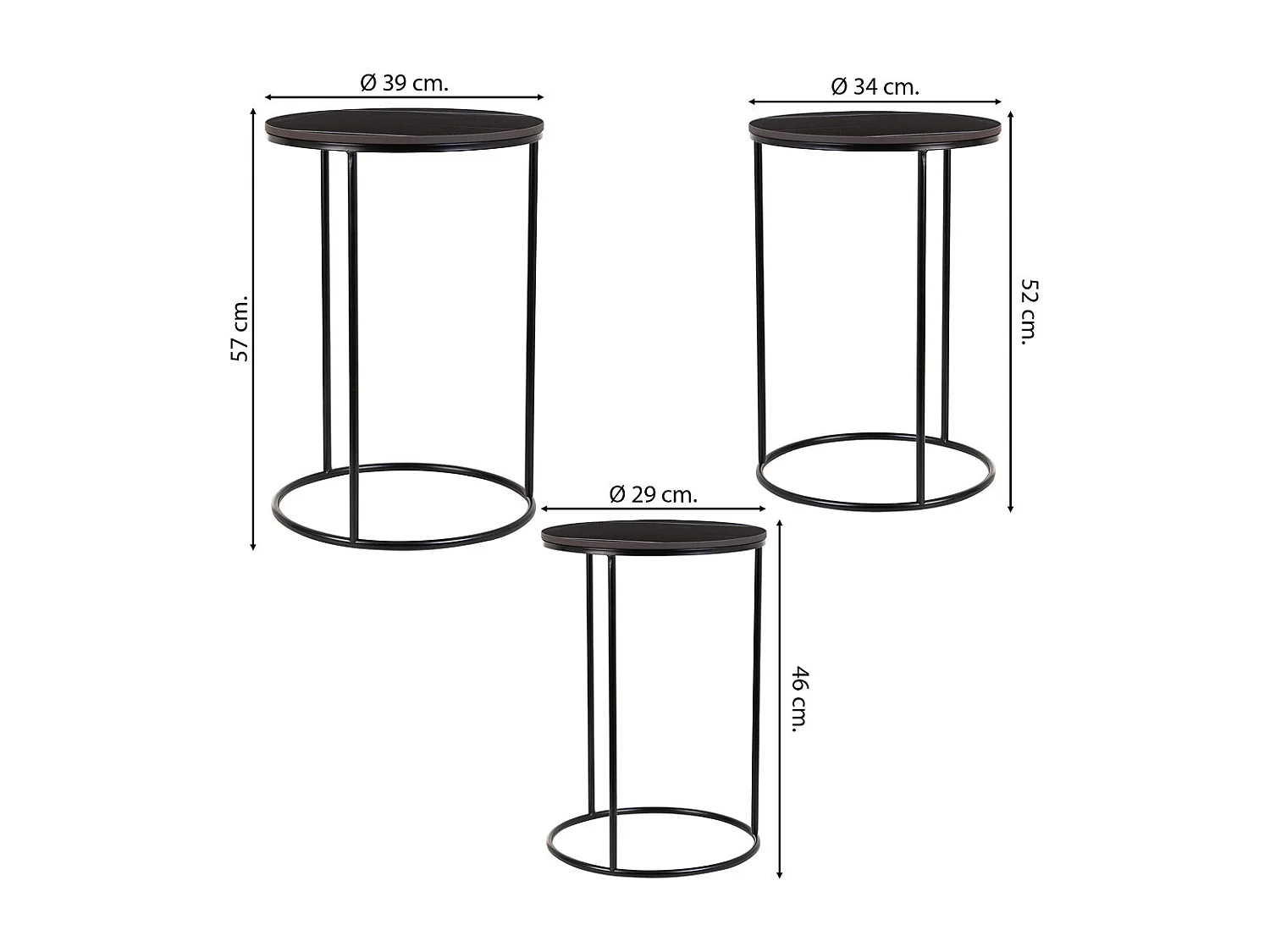 Set tavoli 3 pezzi metallo nero 29x29x46h-34x34x52h-39x39x57h cm