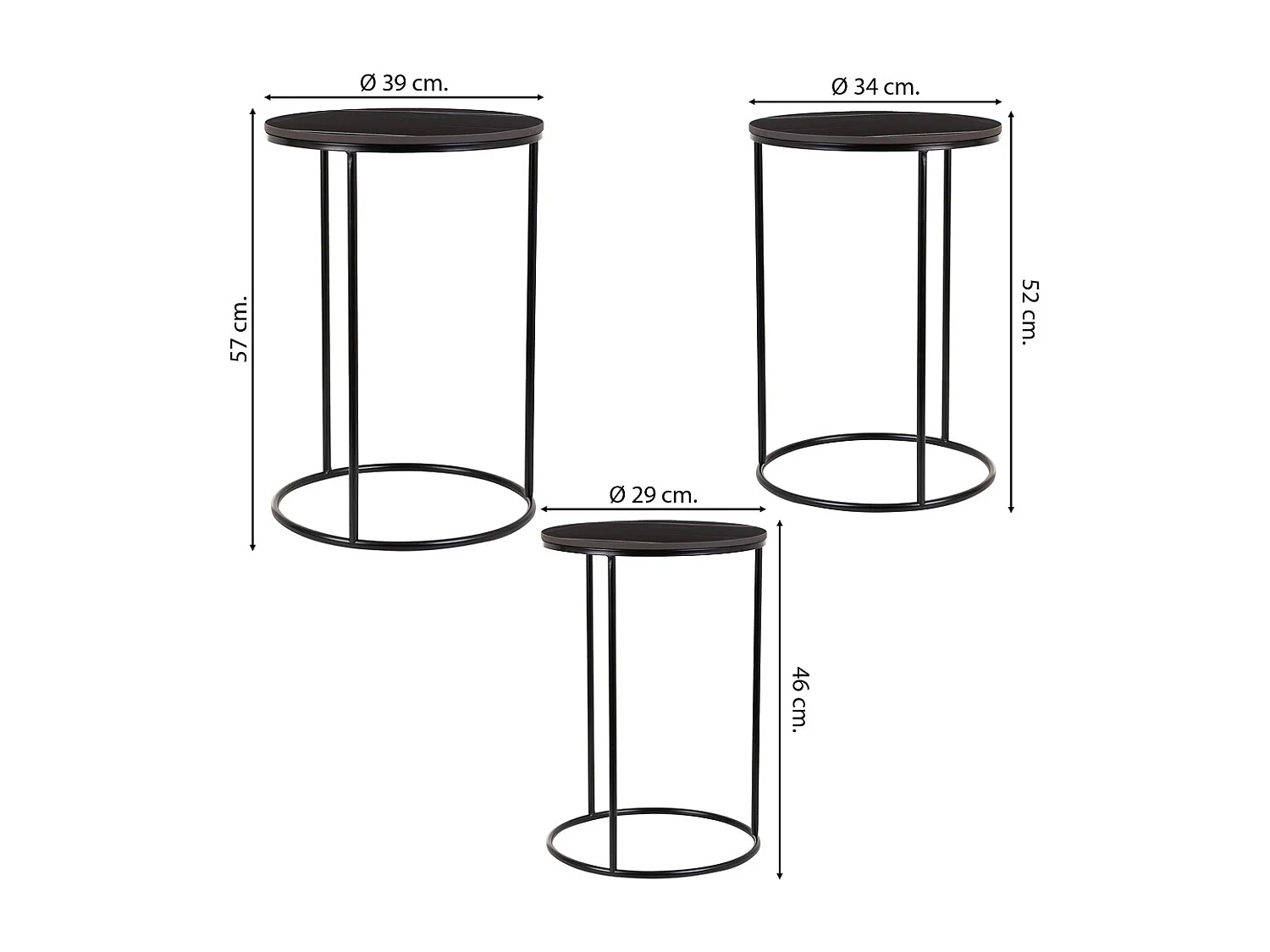 Conjunto de mesas 3 peças metal preto 29x29x46h-34x34x52h-39x39x57h cm