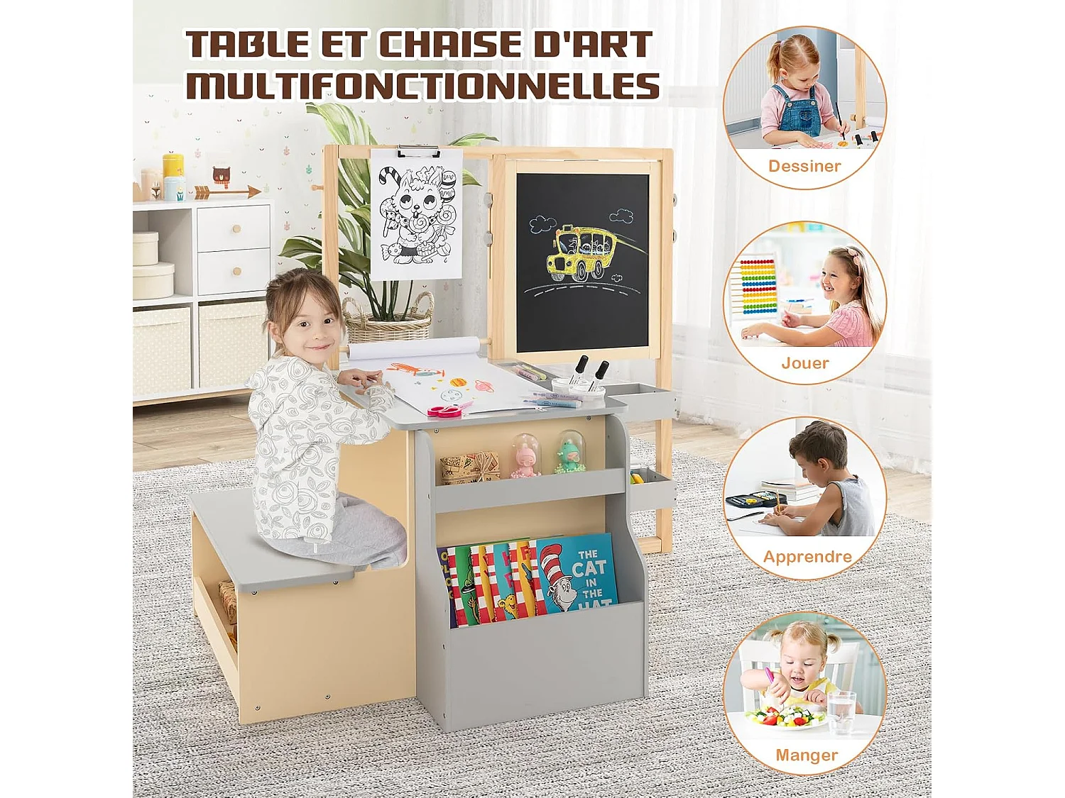 2 en 1 bureau enfants en bois avec banc & etagères, rouleau de papier & 5 craies (gris)