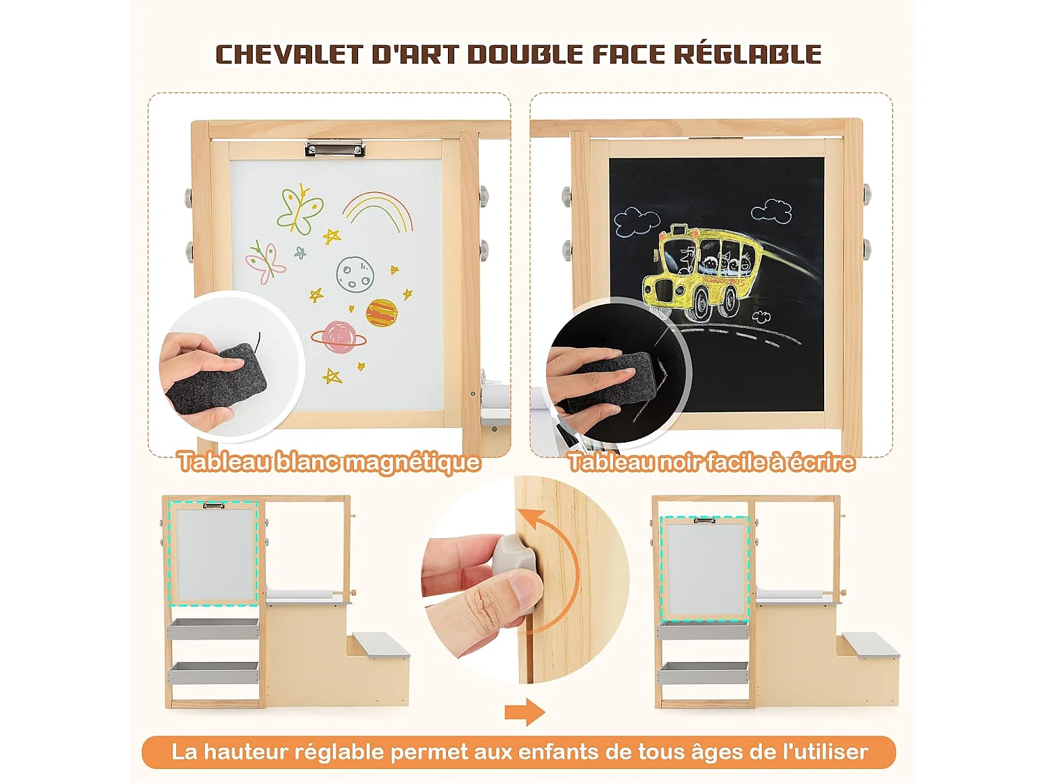 2 en 1 bureau enfants en bois avec banc & etagères, rouleau de papier & 5 craies (gris)