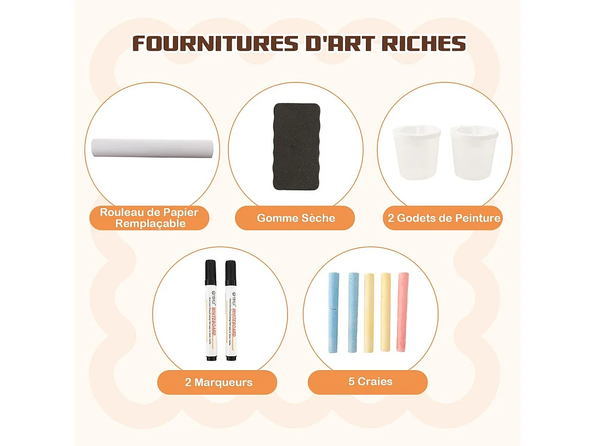 2 en 1 bureau enfants en bois avec banc & etagères, rouleau de papier & 5 craies (gris)