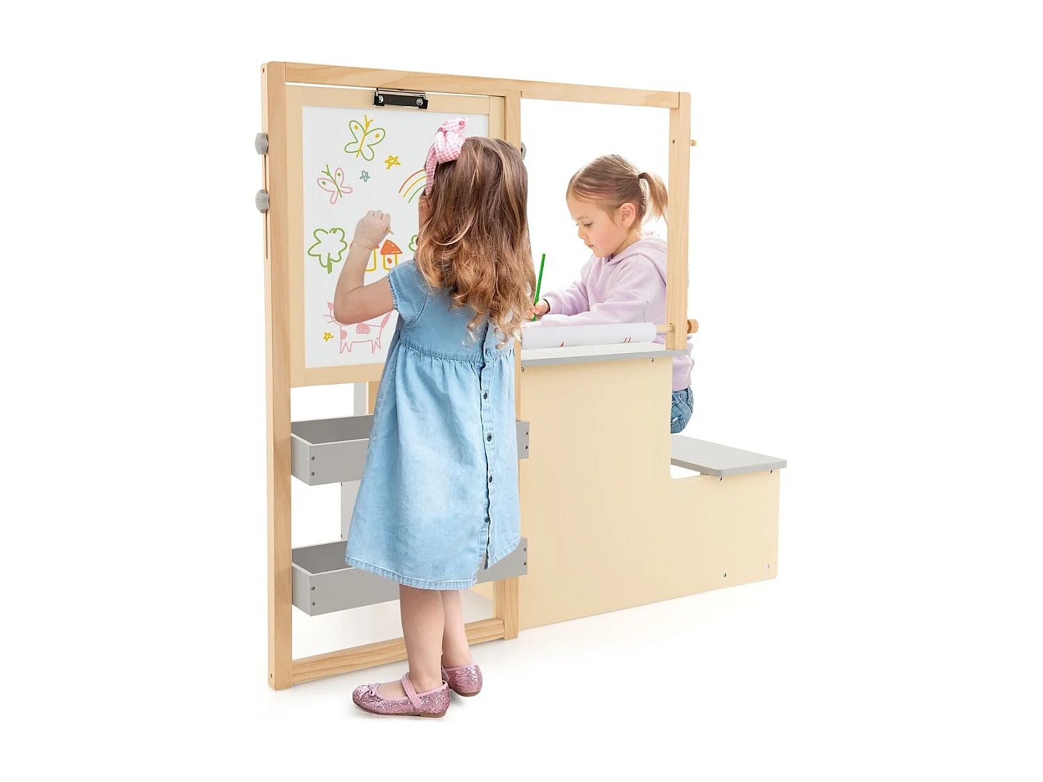 2 en 1 bureau enfants en bois avec banc & etagères, rouleau de papier & 5 craies (gris)