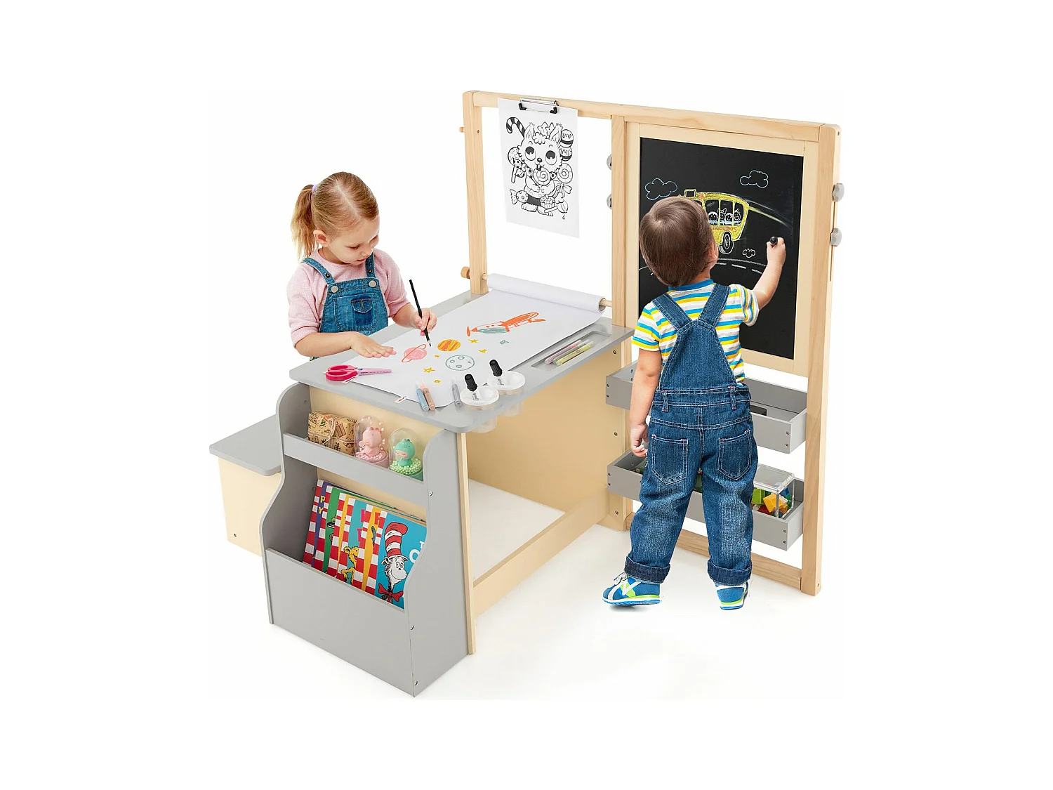 2 en 1 bureau enfants en bois avec banc & etagères, rouleau de papier & 5 craies (gris)