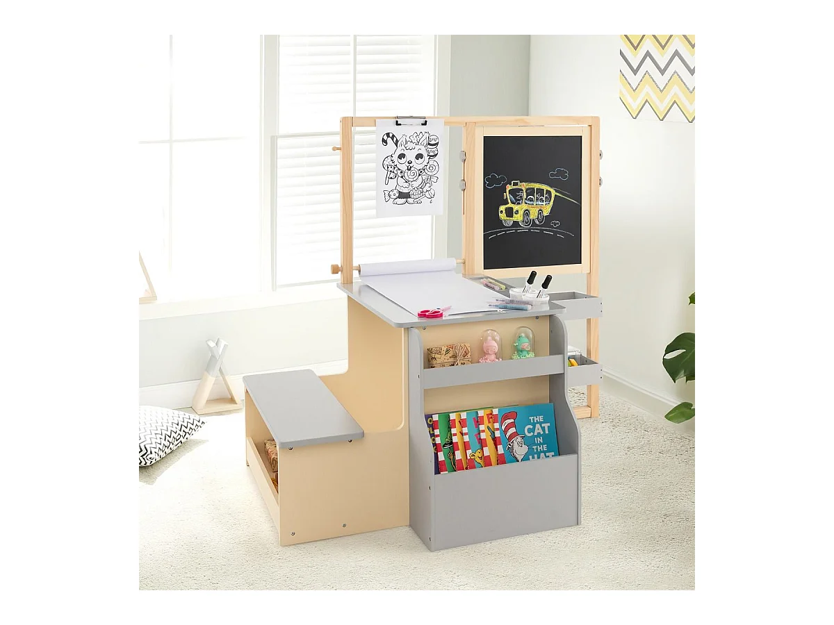 2 en 1 bureau enfants en bois avec banc & etagères, rouleau de papier & 5 craies (gris)