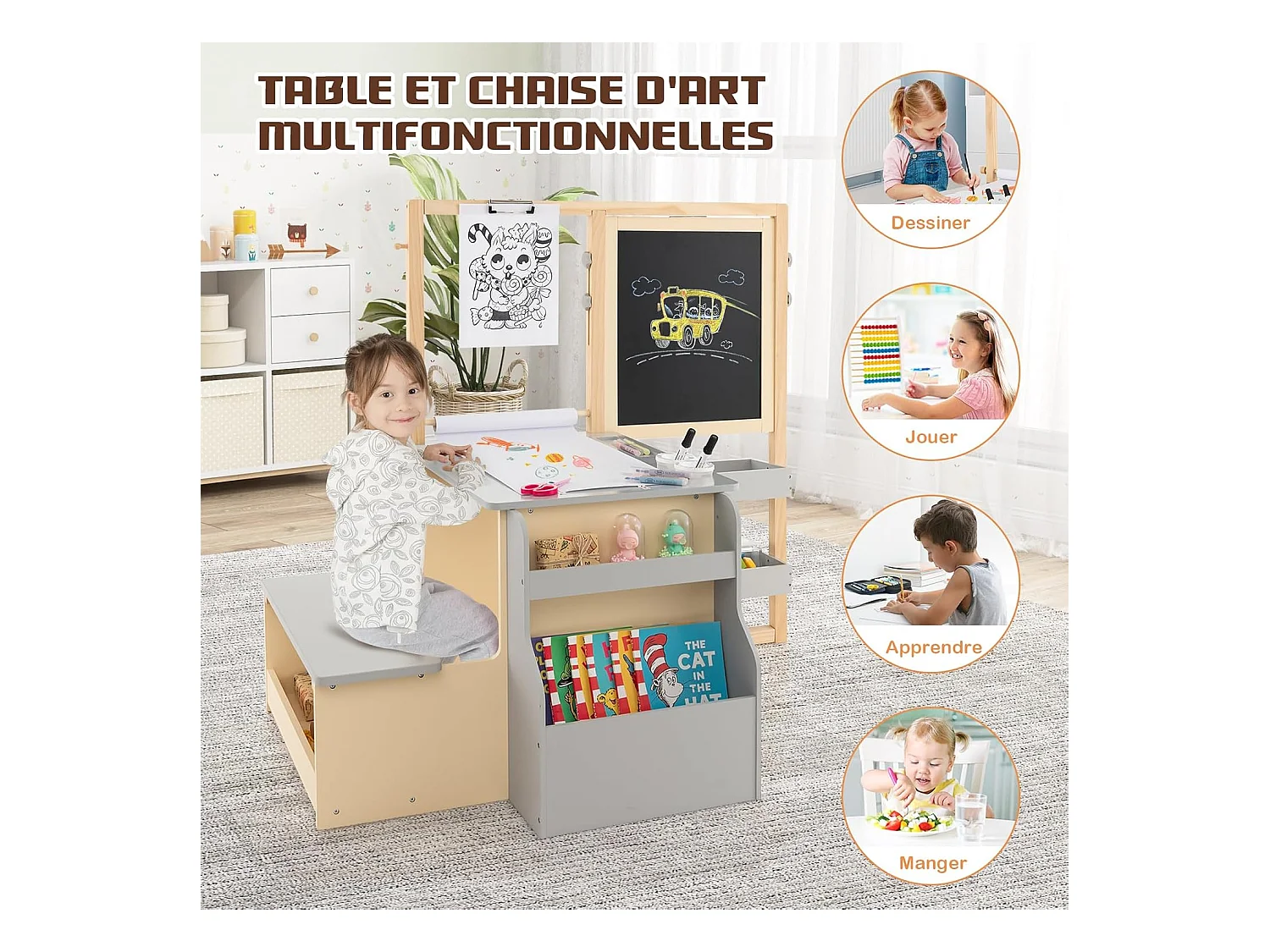 2 en 1 bureau enfants en bois avec banc & etagères, rouleau de papier & 5 craies (gris)