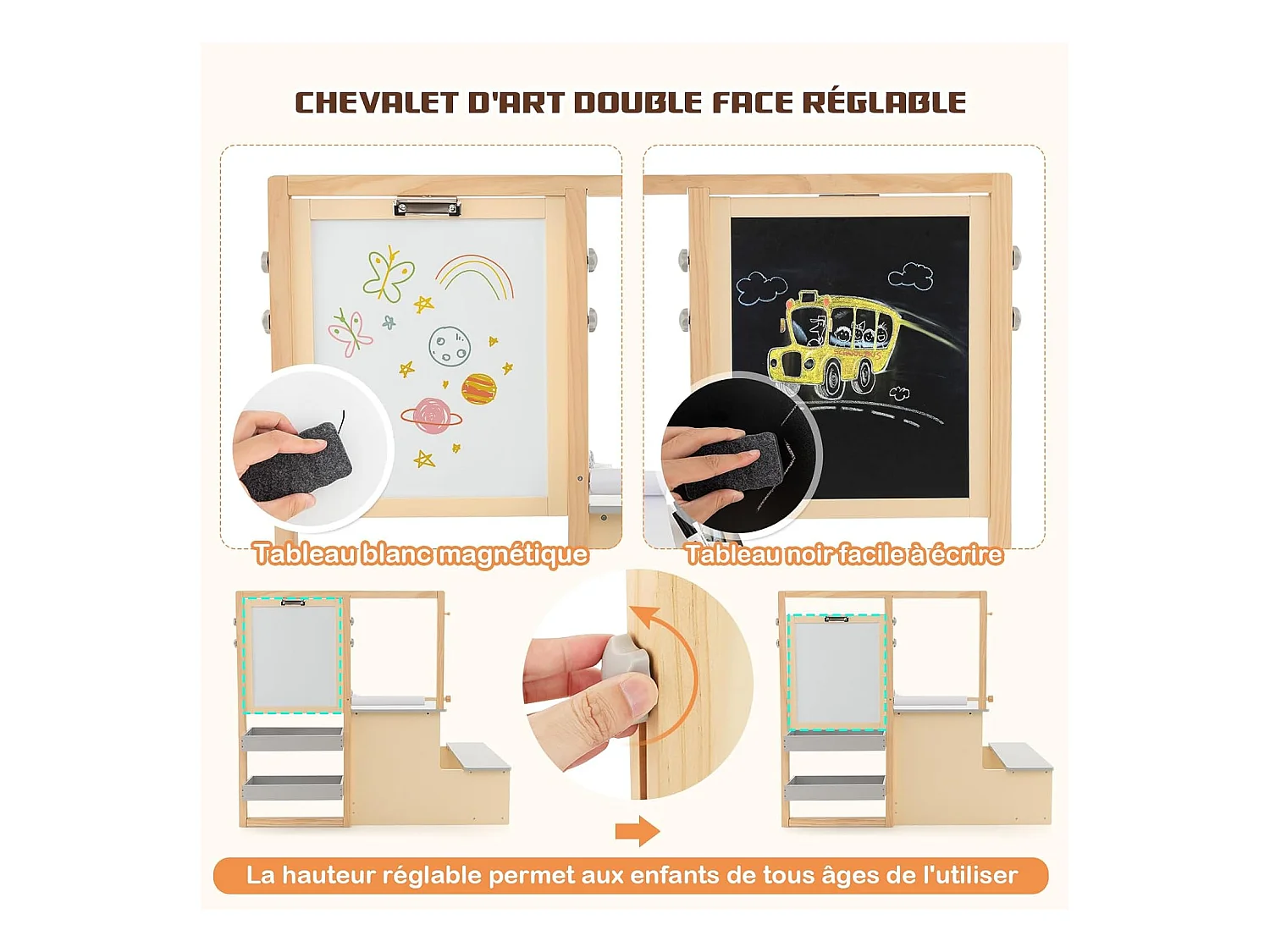 2 en 1 bureau enfants en bois avec banc & etagères, rouleau de papier & 5 craies (gris)