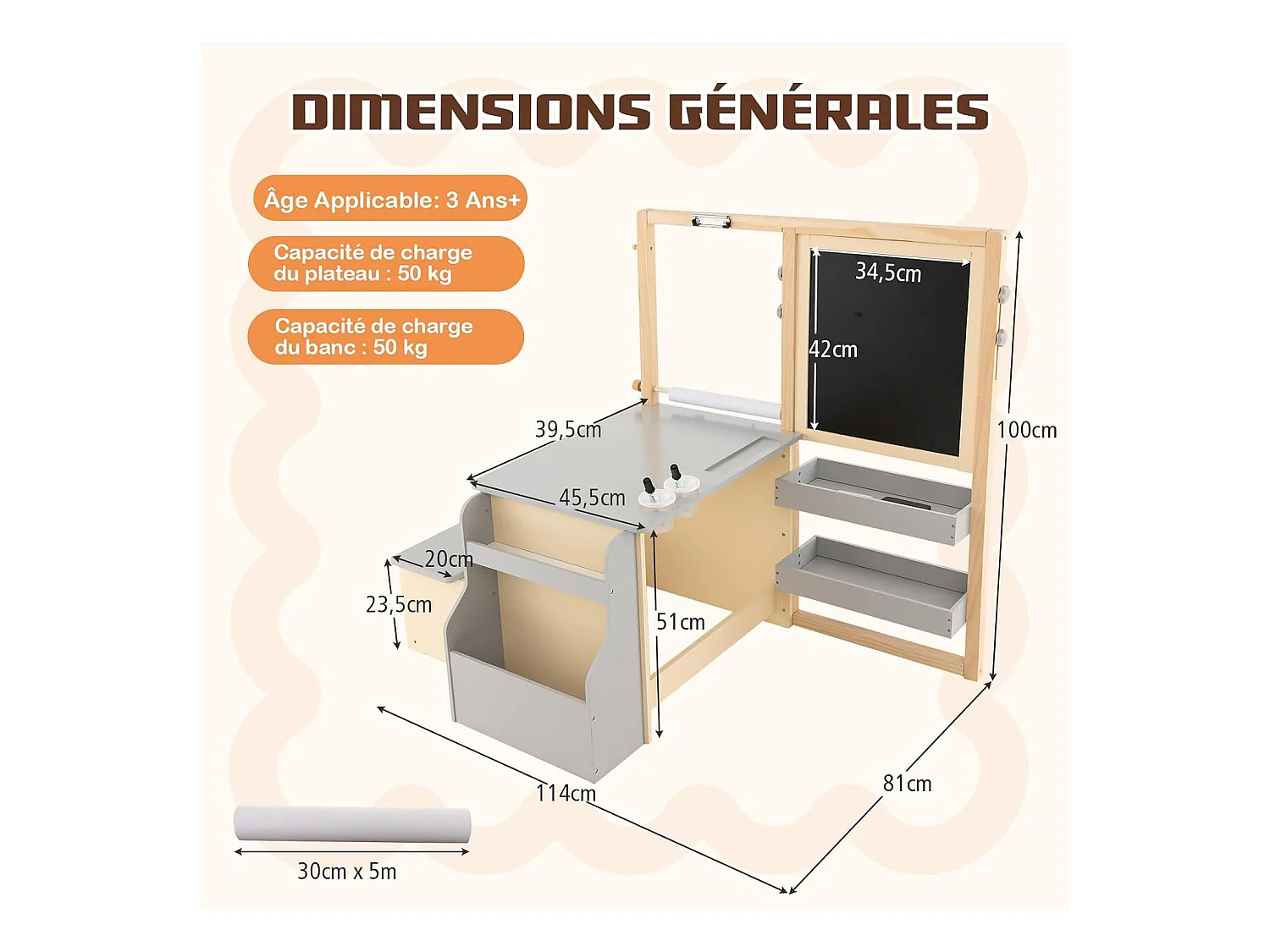 2 en 1 bureau enfants en bois avec banc & etagères, rouleau de papier & 5 craies (gris)