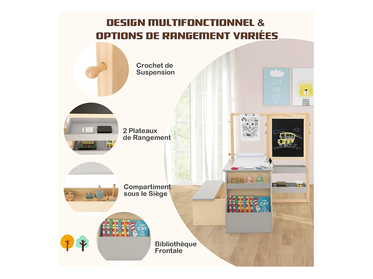 2 en 1 bureau enfants en bois avec banc & etagères, rouleau de papier & 5 craies (gris)