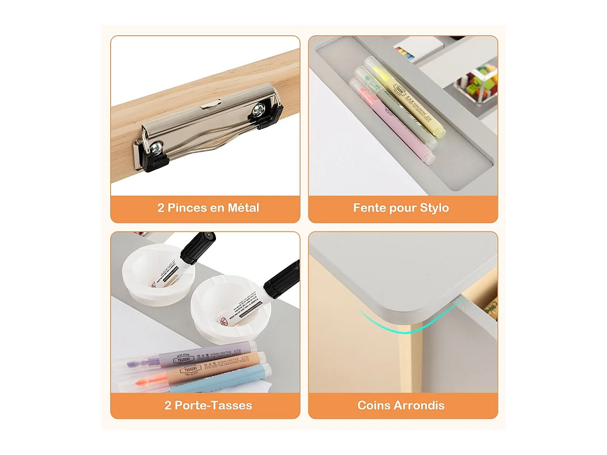 2 en 1 bureau enfants en bois avec banc & etagères, rouleau de papier & 5 craies (gris)