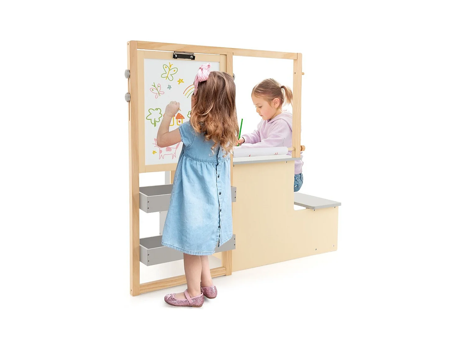 2 en 1 bureau enfants en bois avec banc & etagères, rouleau de papier & 5 craies (gris)