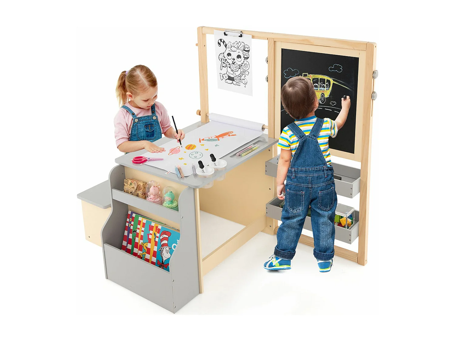 2 en 1 bureau enfants en bois avec banc & etagères, rouleau de papier & 5 craies (gris)