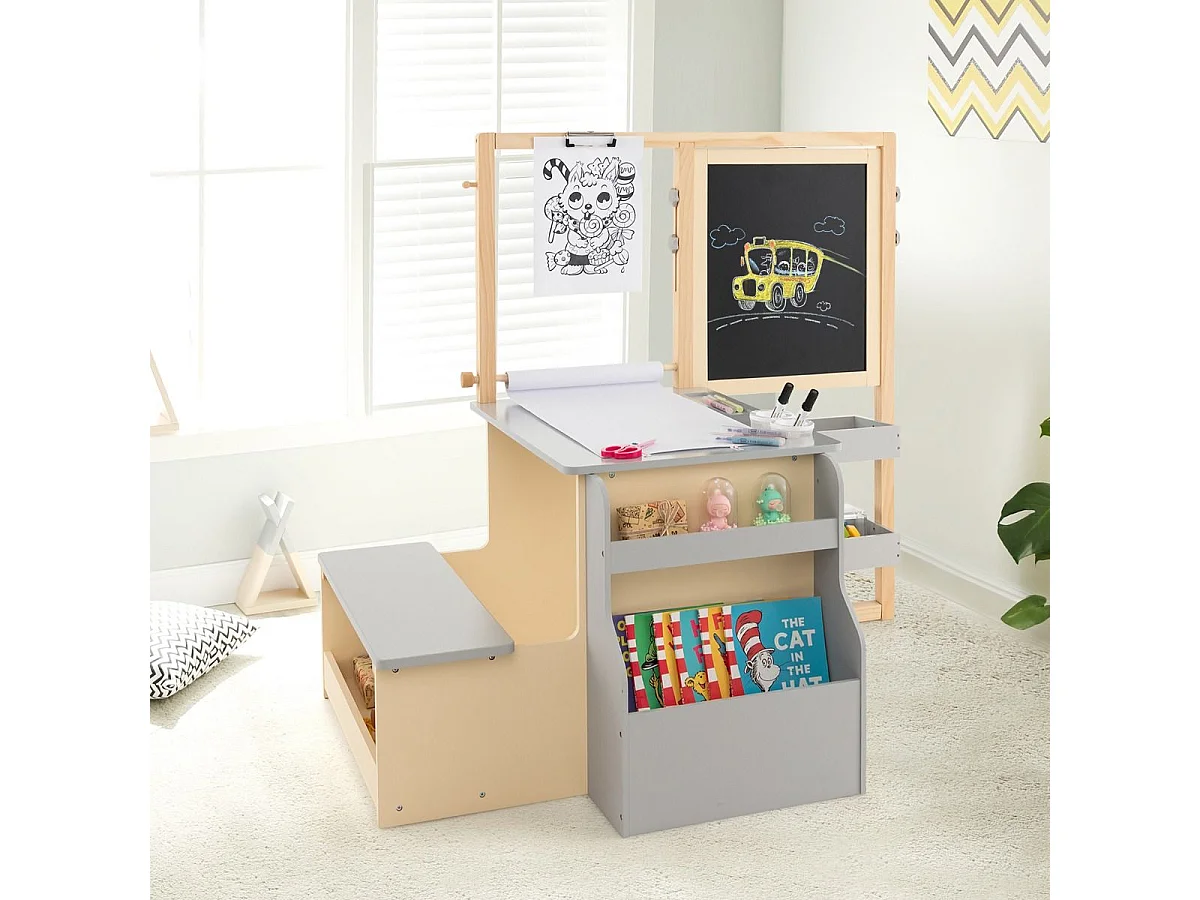 2 en 1 bureau enfants en bois avec banc & etagères, rouleau de papier & 5 craies (gris)
