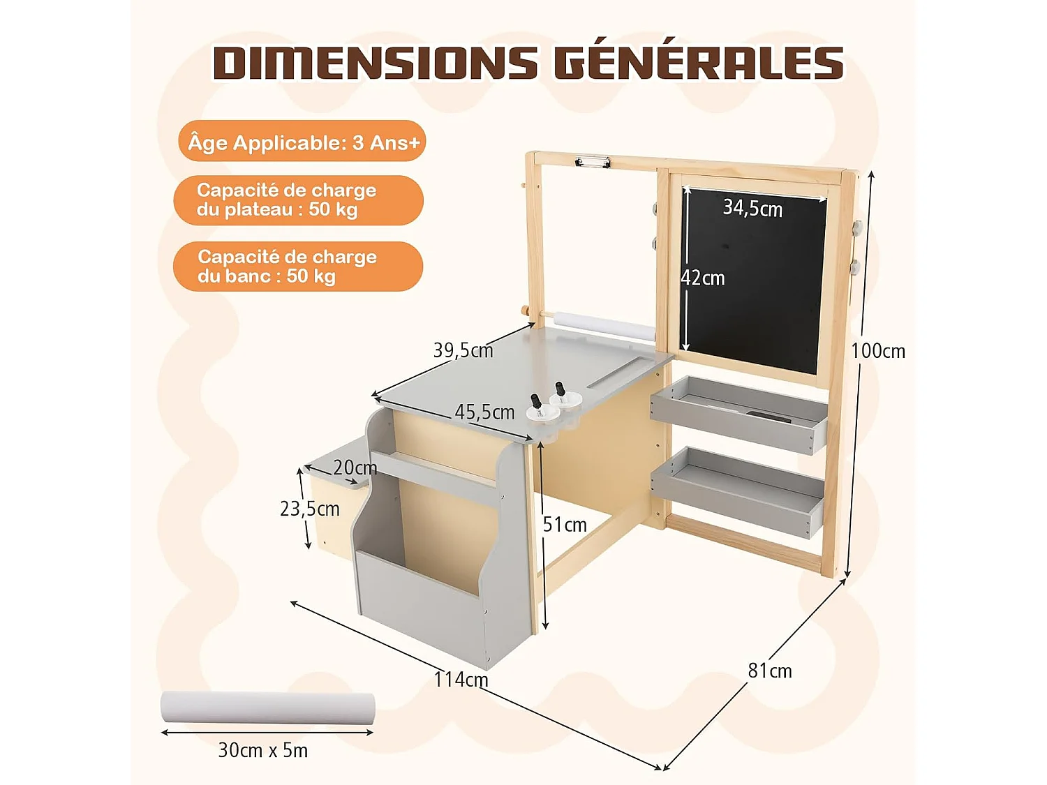 2 en 1 bureau enfants en bois avec banc & etagères, rouleau de papier & 5 craies (gris)