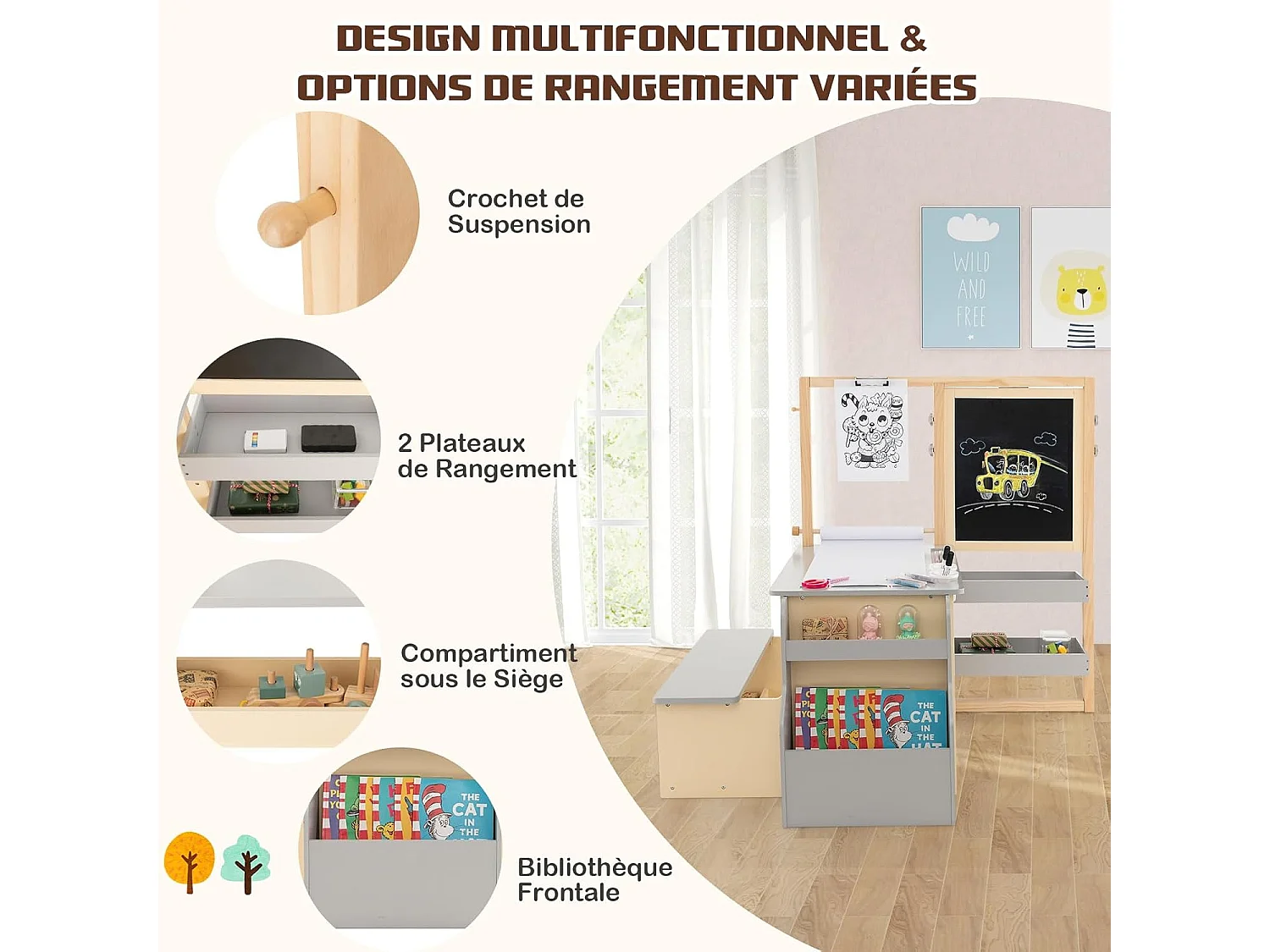 2 en 1 bureau enfants en bois avec banc & etagères, rouleau de papier & 5 craies (gris)