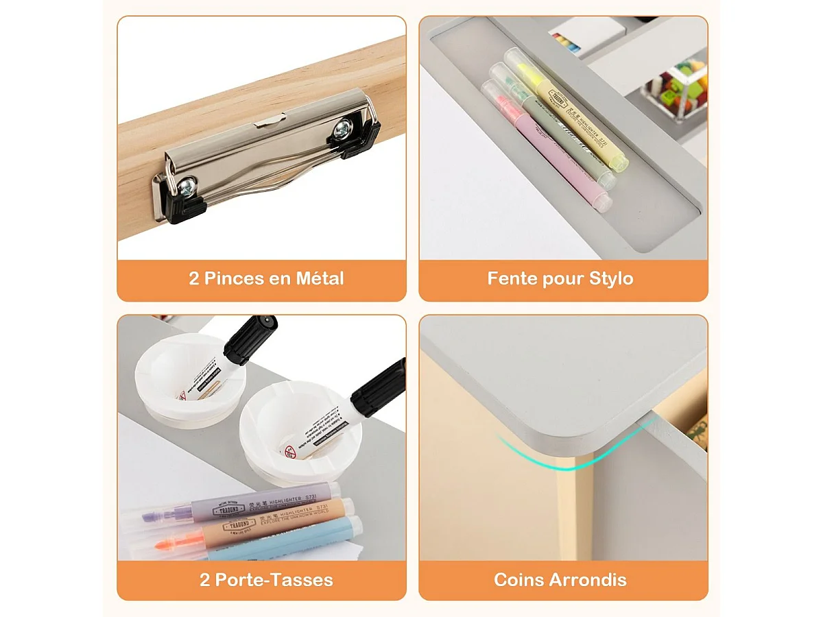 2 en 1 bureau enfants en bois avec banc & etagères, rouleau de papier & 5 craies (gris)