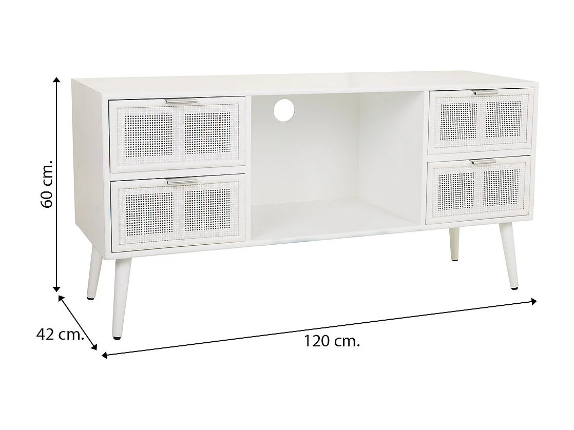 Mueble bajo de madera y rejilla blanco 120x42x60
