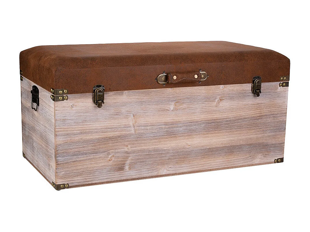 Baú de madeira e banco de couro sintético marrom 80x40x38