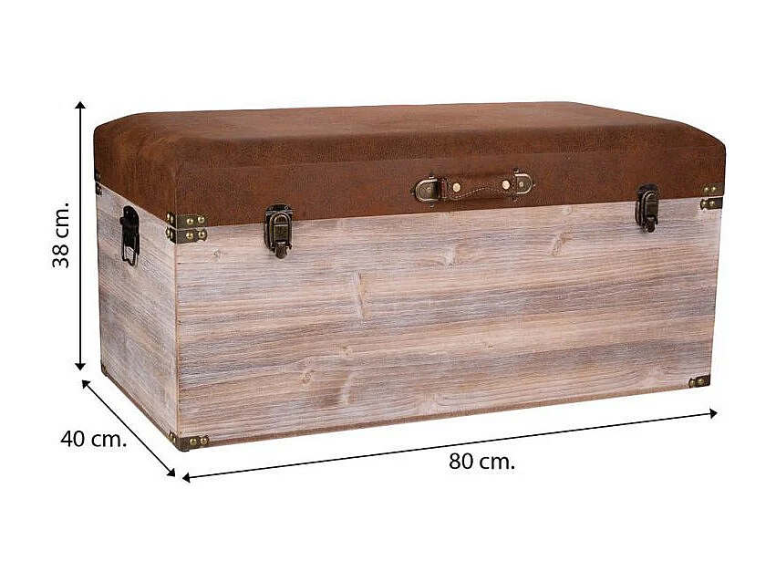 Baú de madeira e banco de couro sintético marrom 80x40x38
