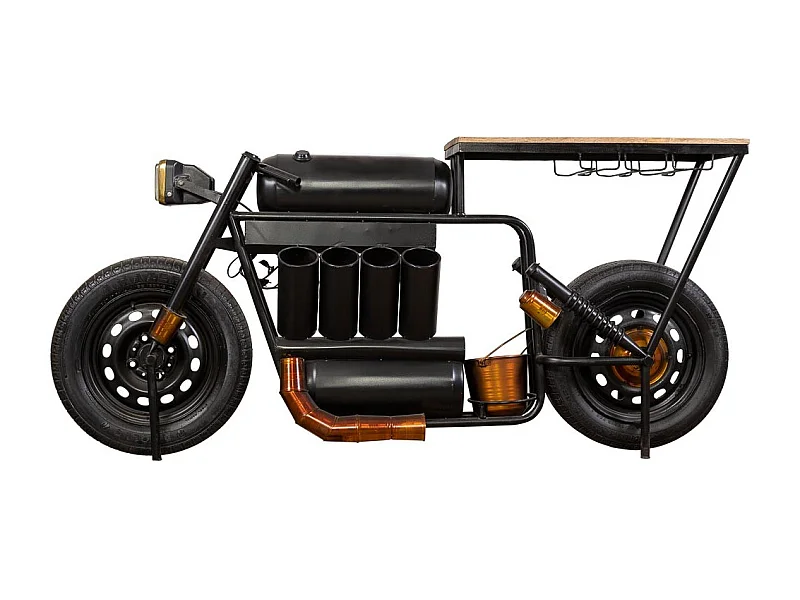 Barra botellero moto de madera y metal negra 183x42x86