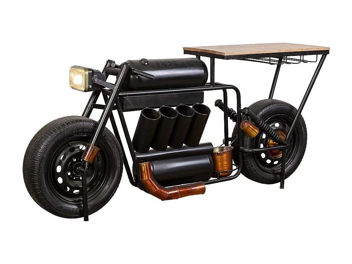 Motorrad-Flaschenhalter aus schwarzem Holz und Metall, 183 x 42 x 86 cm