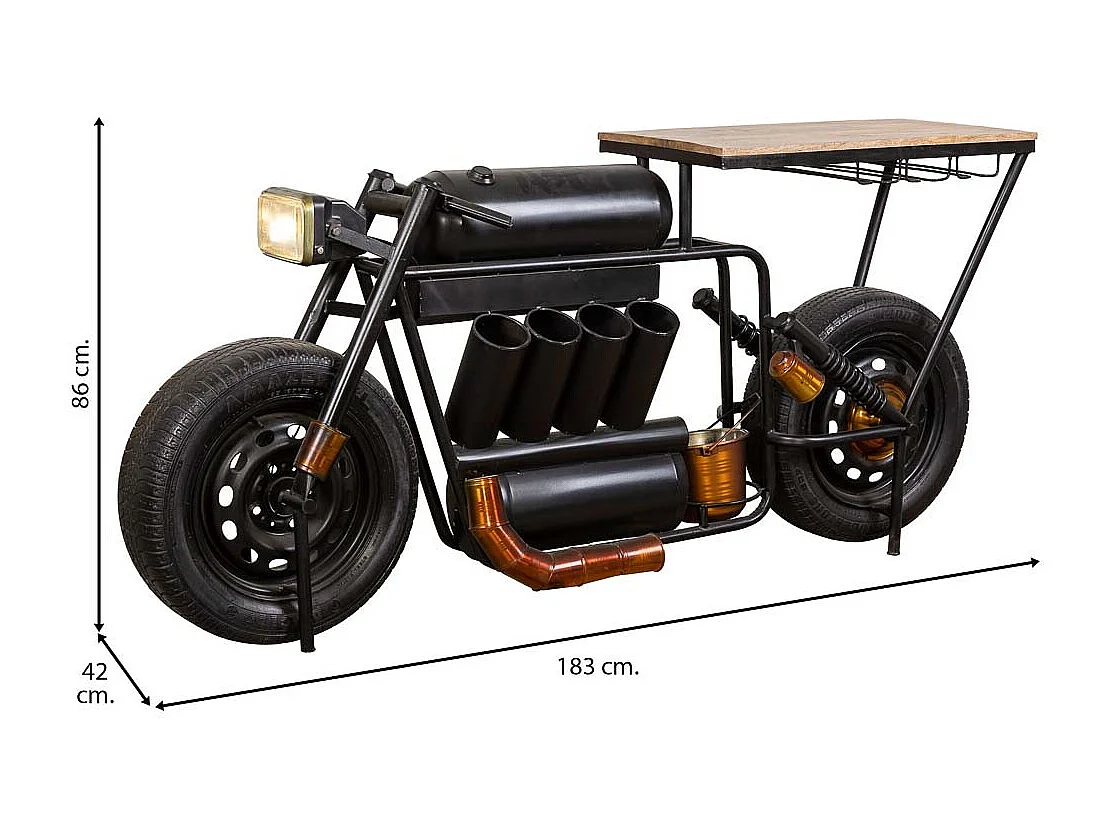 Motorrad-Flaschenhalter aus schwarzem Holz und Metall, 183 x 42 x 86 cm
